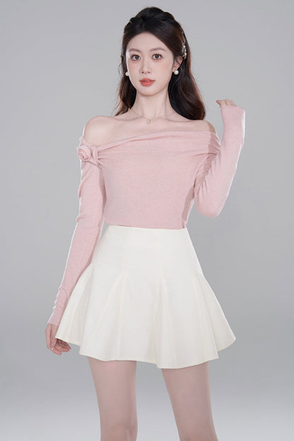 One Shoulder Color Knit Sweater Set