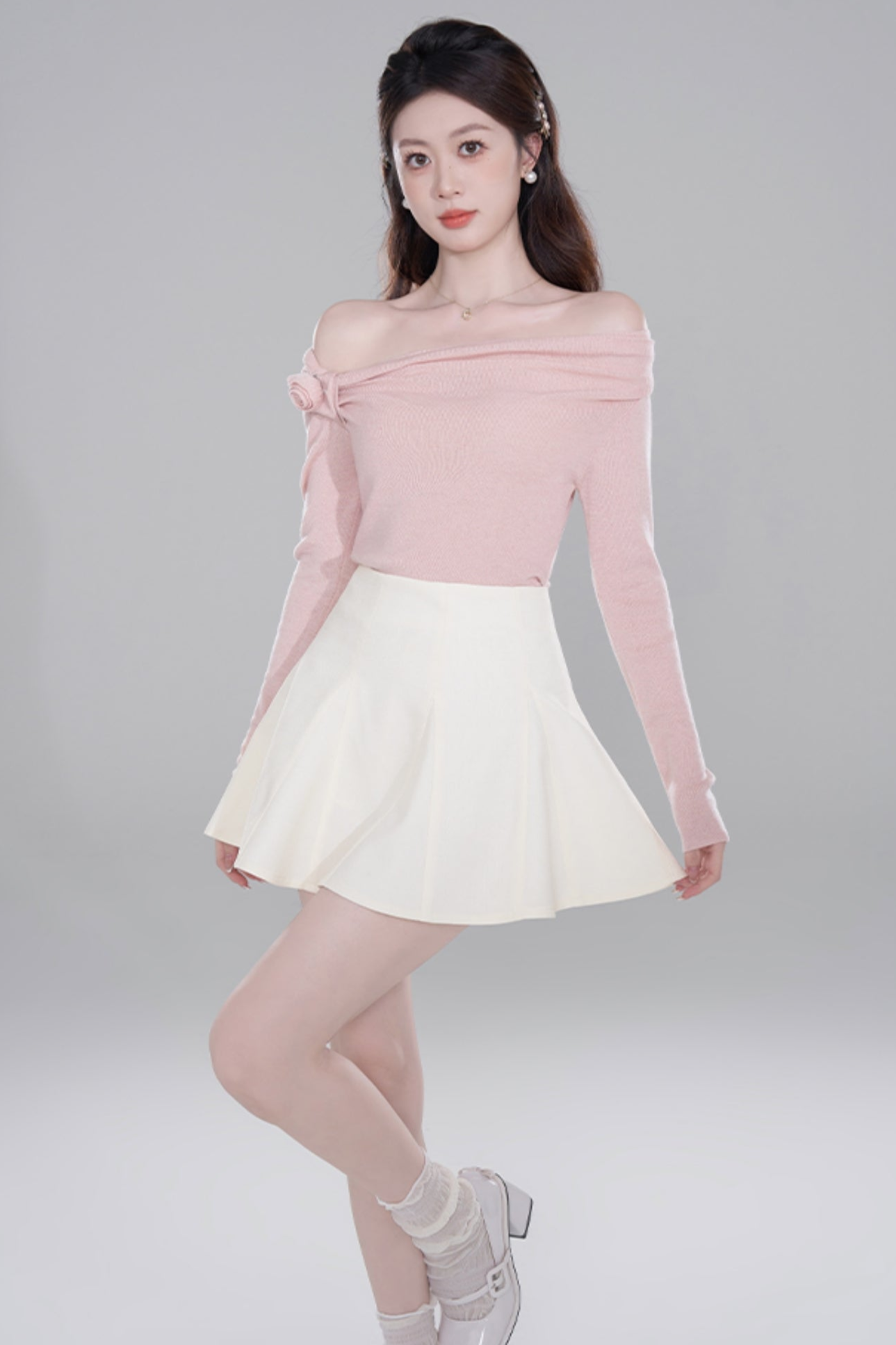 One Shoulder Color Knit Sweater Set