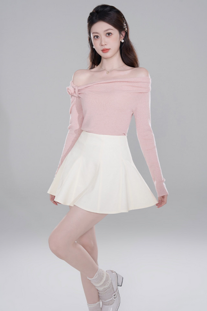 One Shoulder Color Knit Sweater Set