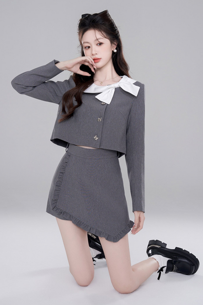 Gray Two-piece Short Coat Skirt Set