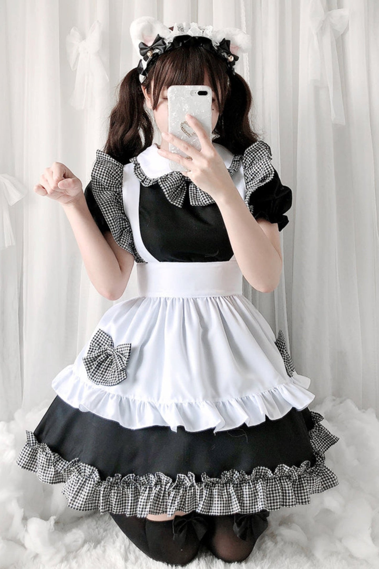 Dress With Apron and Tiara Bow Set
