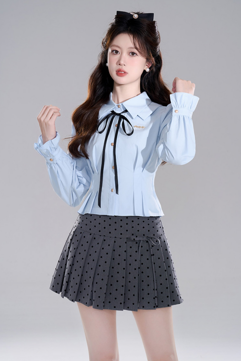 Blue Preppy Two-piece Shirt Skirt Set