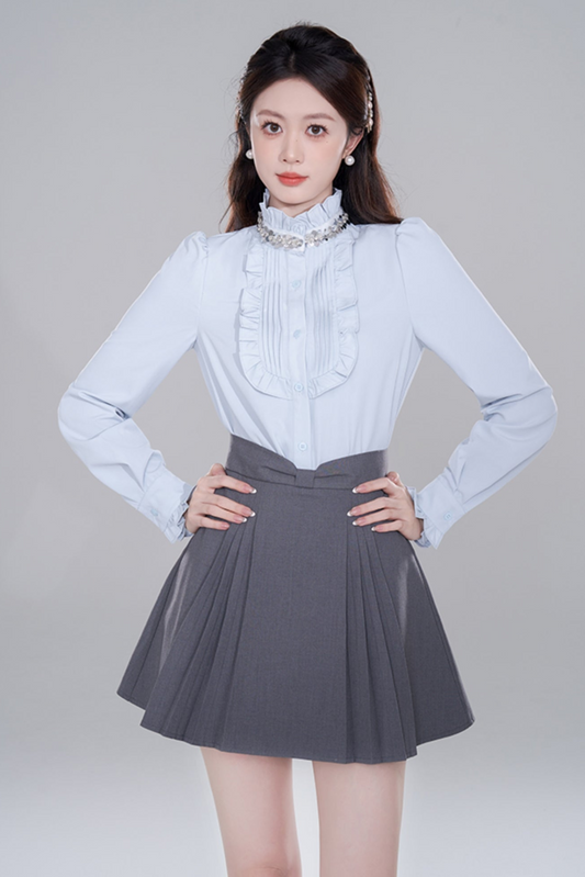Blue Stand Collar French Top Set