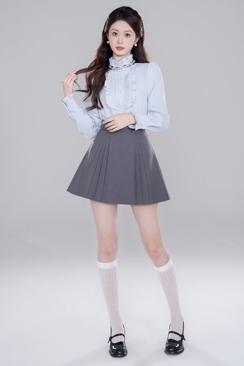 Blue Stand Collar French Top Set