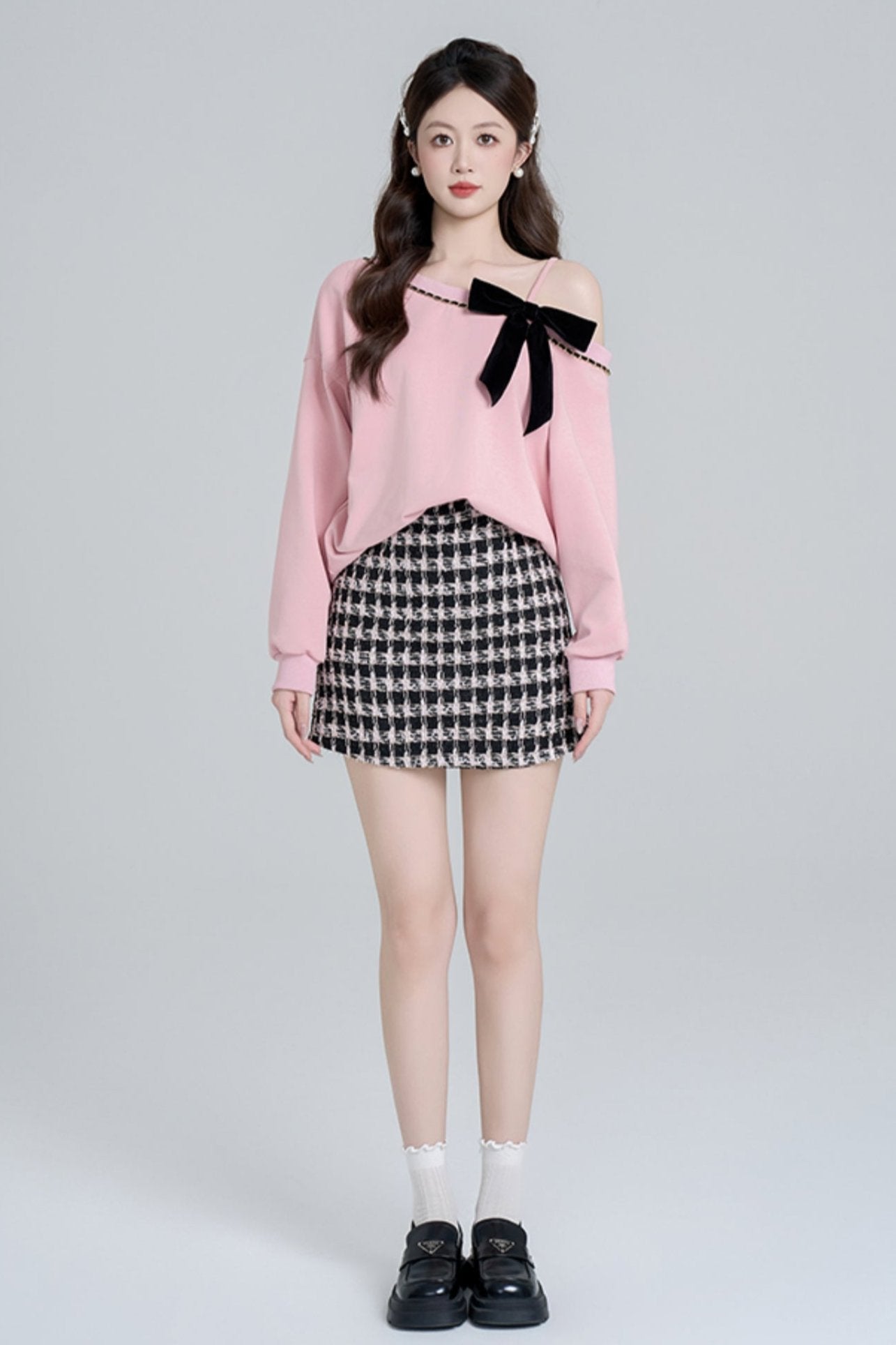Pink Slant Shoulder Loose Sweatshirt Set