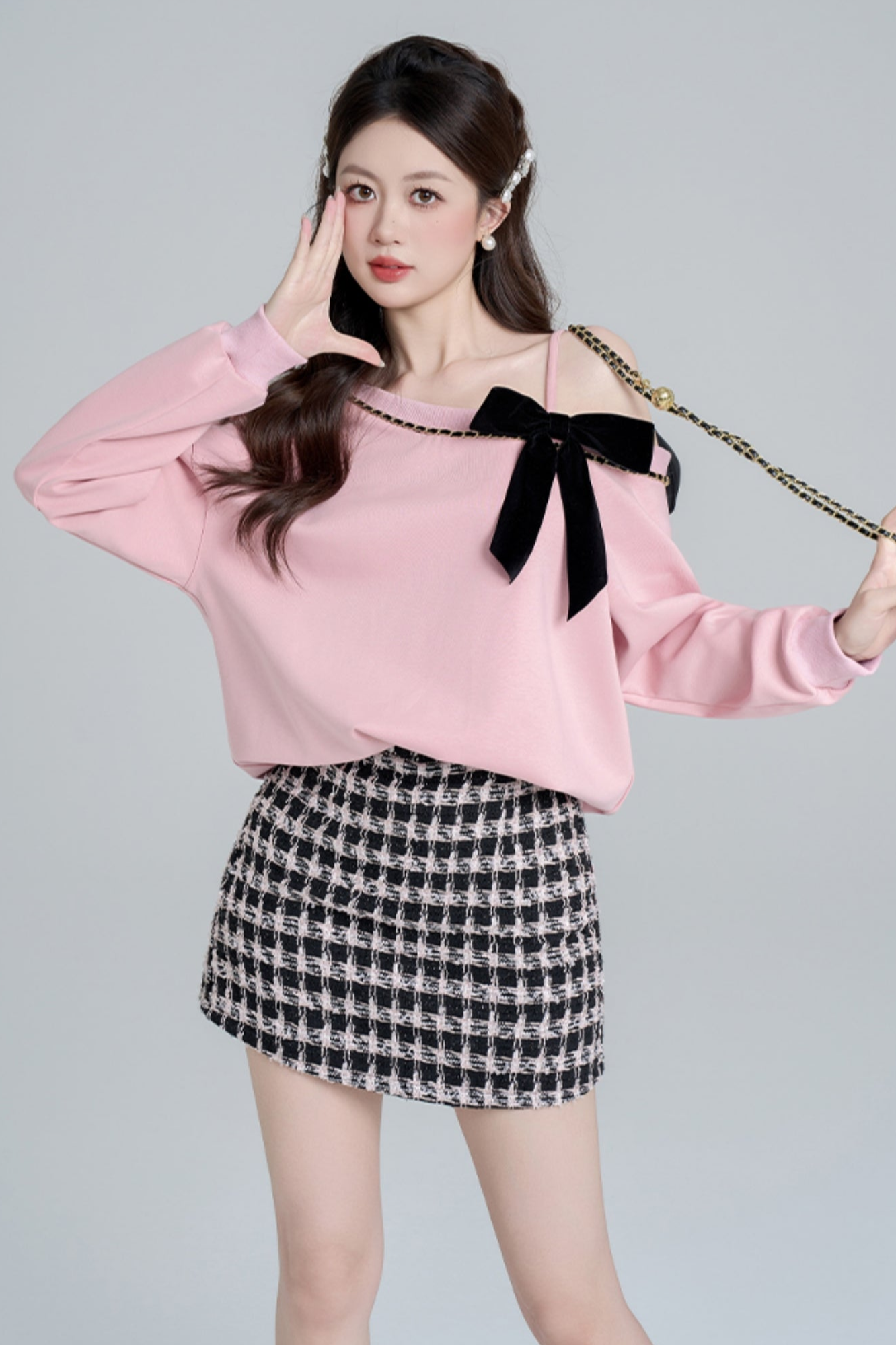 Pink Slant Shoulder Loose Sweatshirt Set