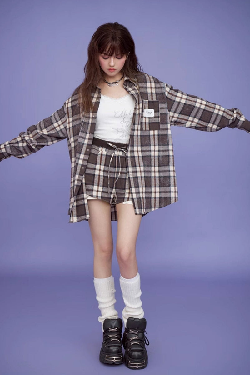 Brown Plaid Long Sleeve Set