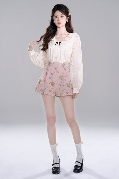Apricot Ruffle Long Sleeve Shirt Set