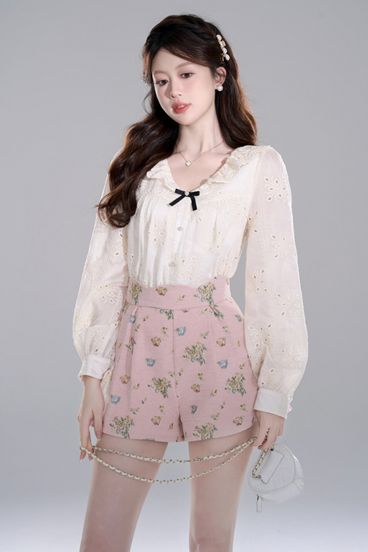 Apricot Ruffle Long Sleeve Shirt Set