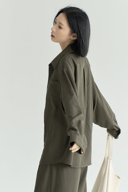 Cotton Linen Long Sleeve Shirt Trousers Set