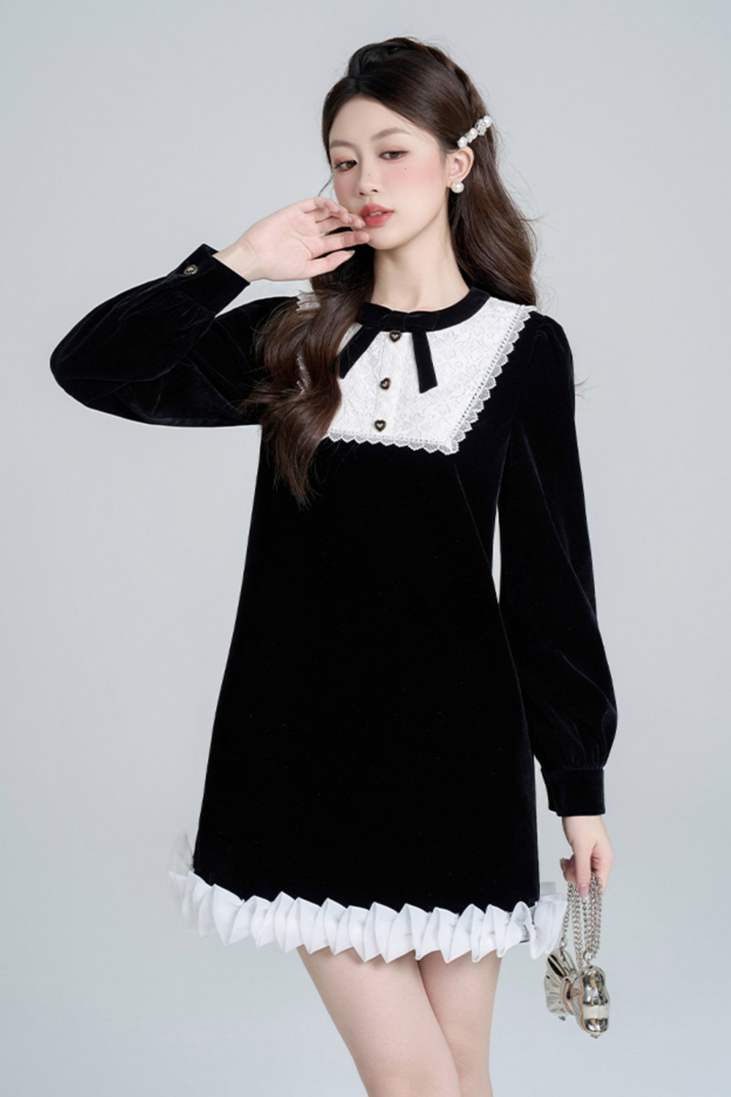 Black Velvet French Retro Dress