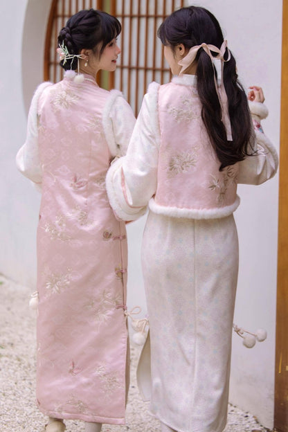 Pink Brocade Suede Chinese-style Dress Set