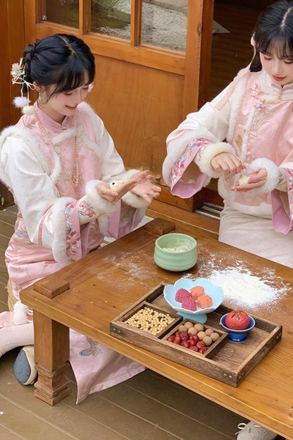 Pink Brocade Suede Chinese-style Dress Set
