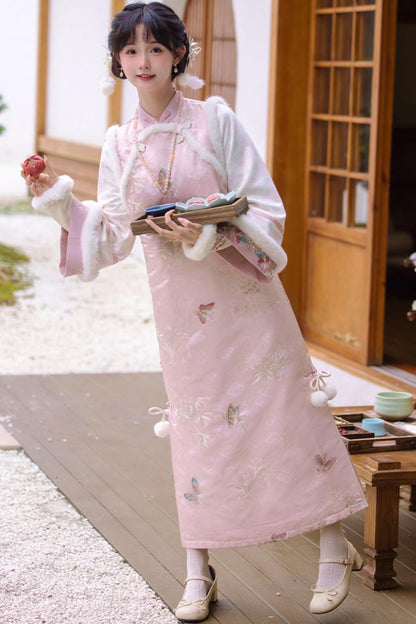 Pink Brocade Suede Chinese-style Dress Set