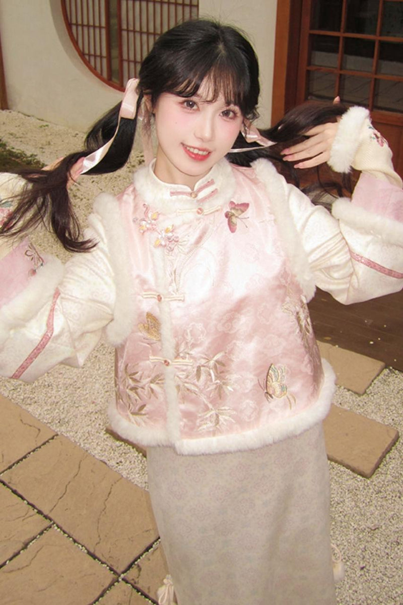 Pink Brocade Suede Chinese-style Dress Set