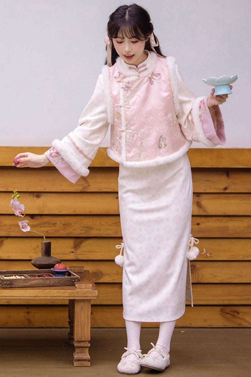 Pink Brocade Suede Chinese-style Dress Set