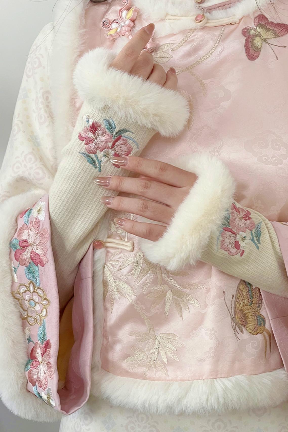 Pink Brocade Suede Chinese-style Dress Set