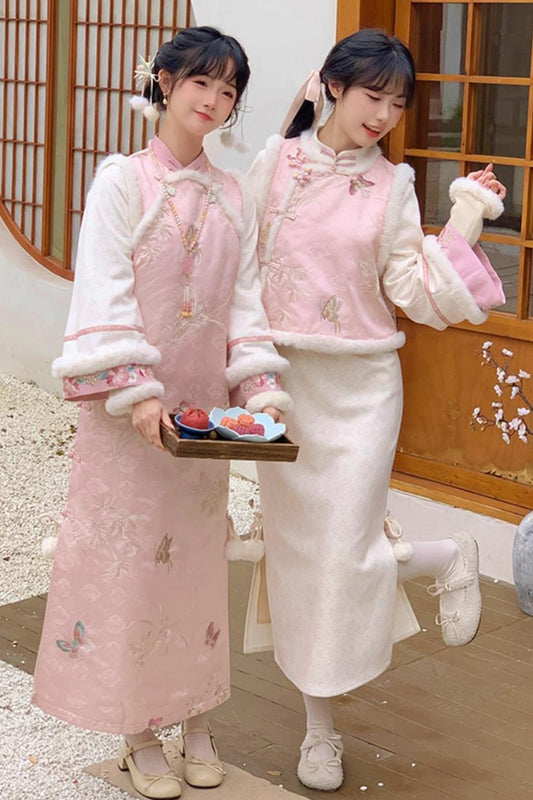 Pink Brocade Suede Chinese-style Dress Set