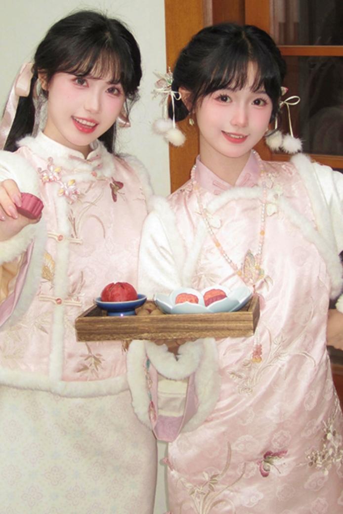 Pink Brocade Suede Chinese-style Dress Set