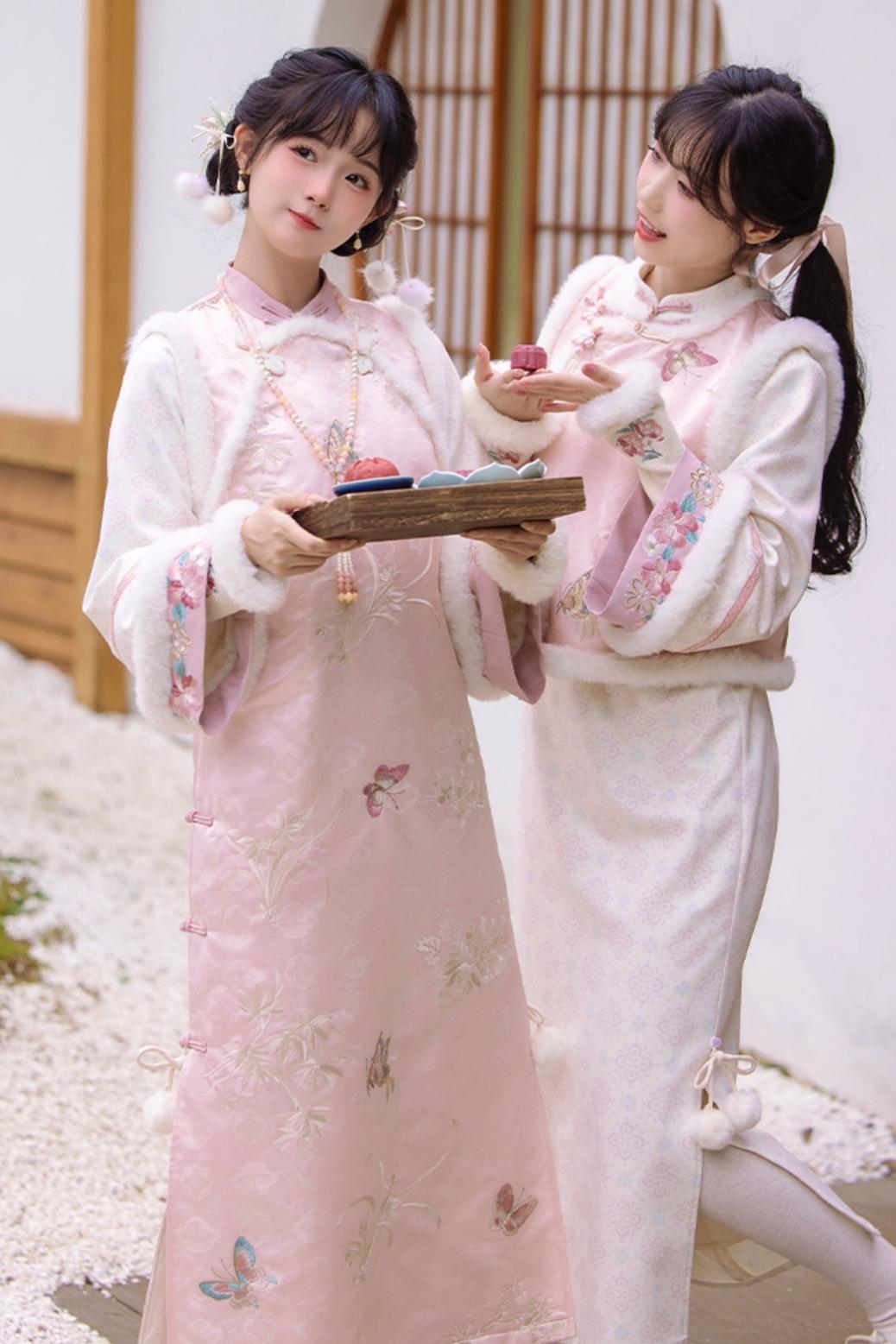 Pink Brocade Suede Chinese-style Dress Set