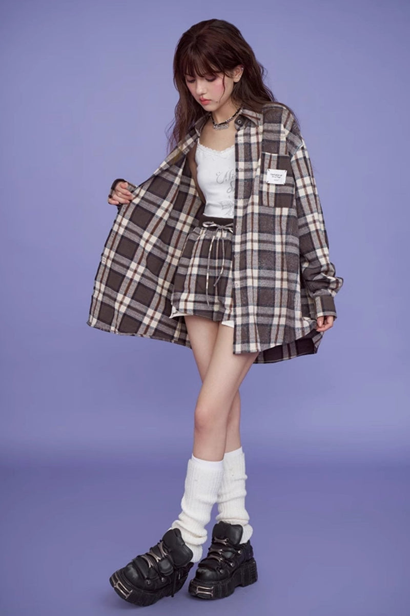 Brown Plaid Long Sleeve Set