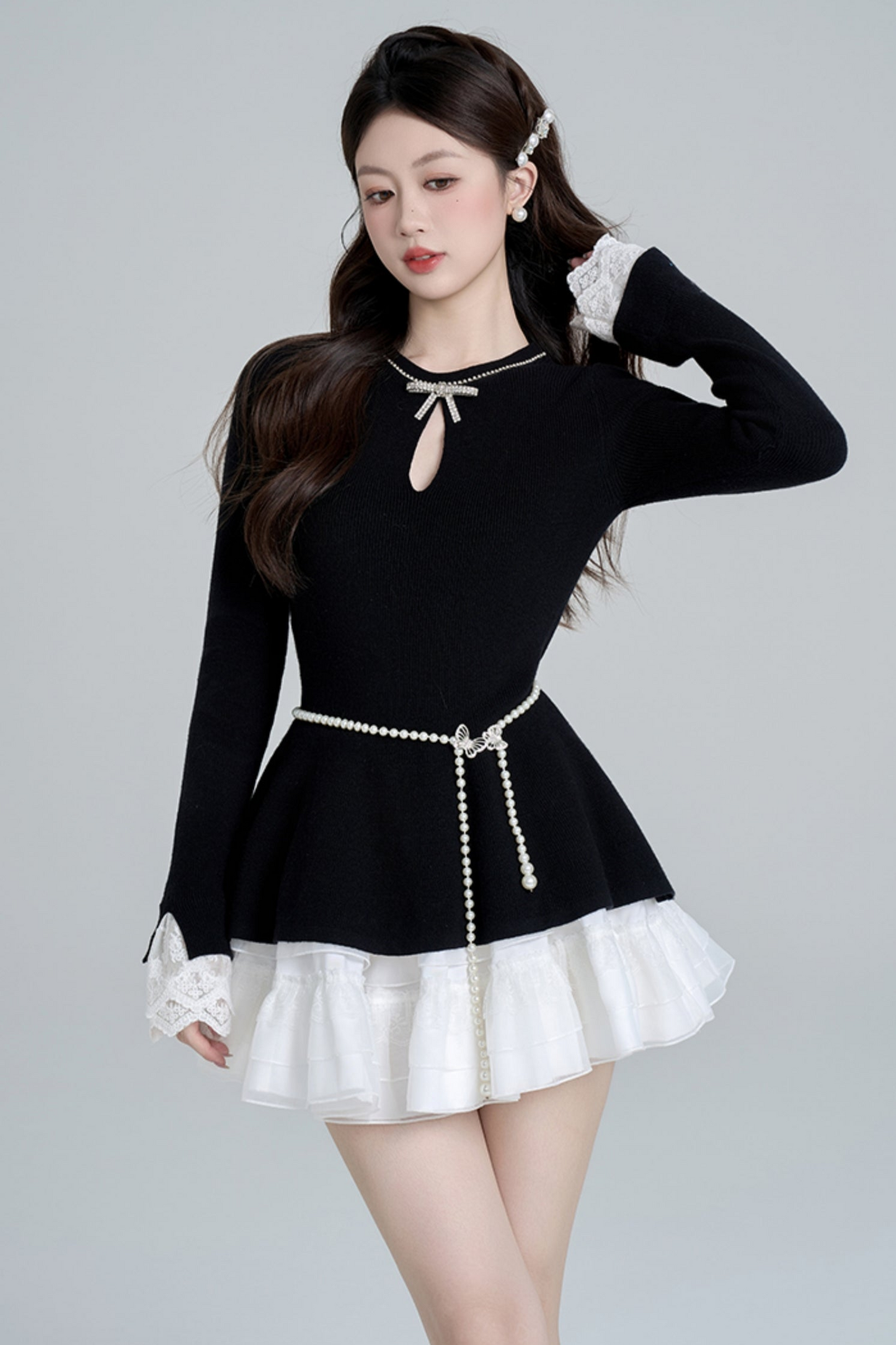 Black Bead Waist Knit + Girly Skirt + Waist Chain