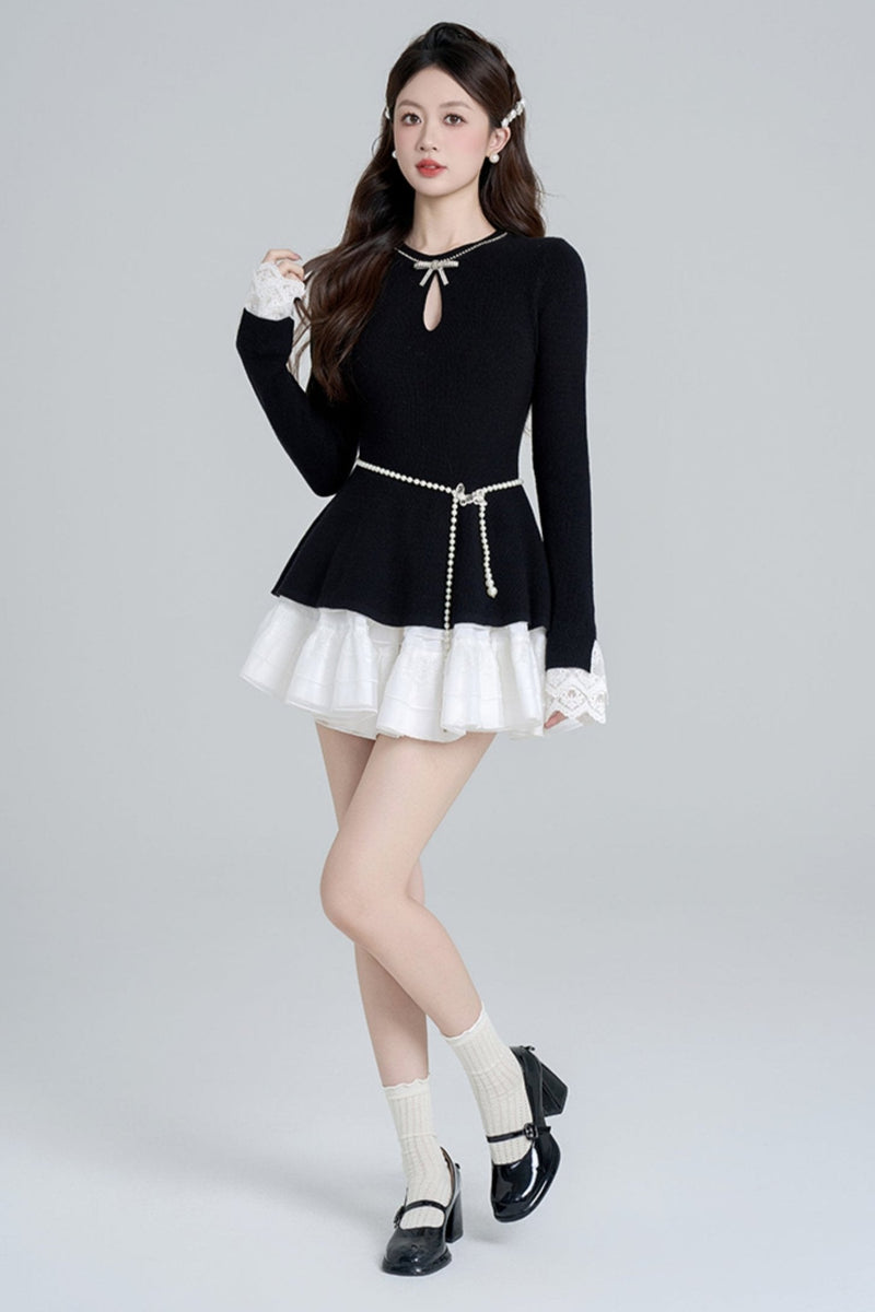 Black Bead Waist Knit + Girly Skirt + Waist Chain