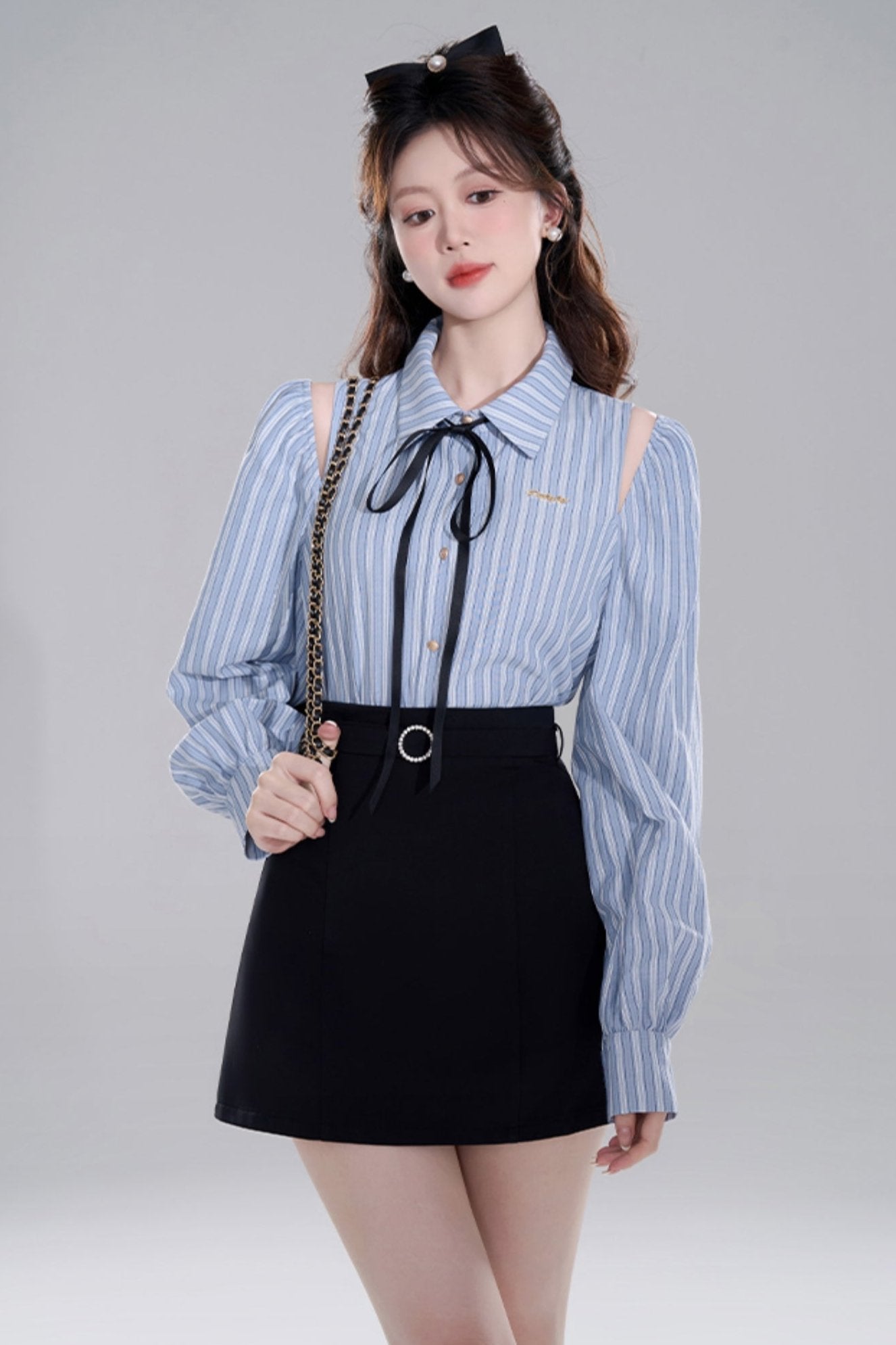 Blue Stripe Off-shoulder Crop Set