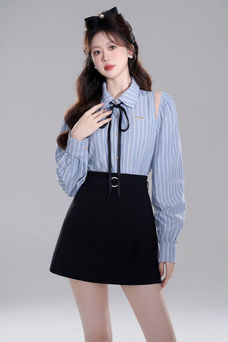 Blue Stripe Off-shoulder Crop Set