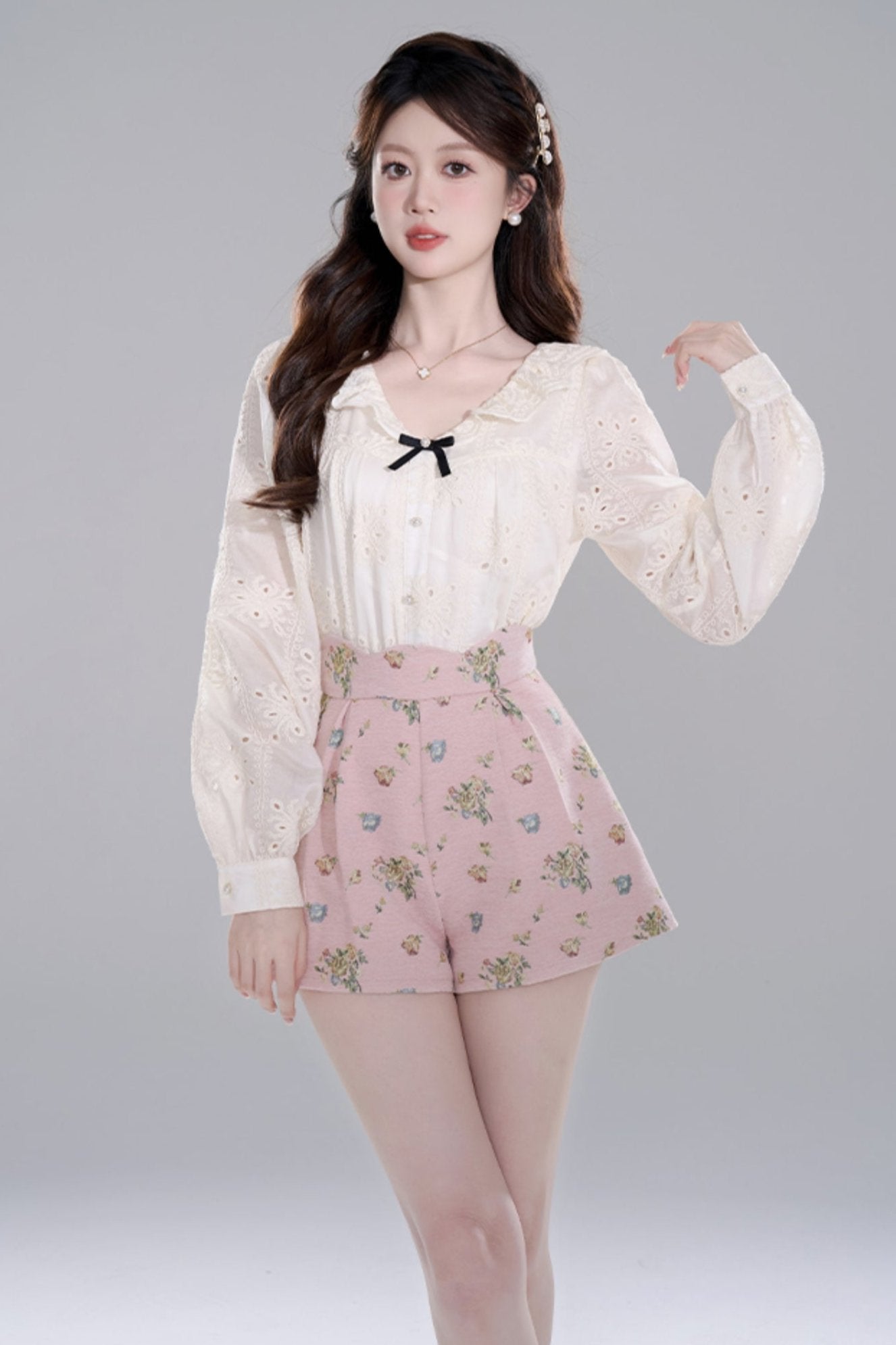Apricot Ruffle Long Sleeve Shirt Set