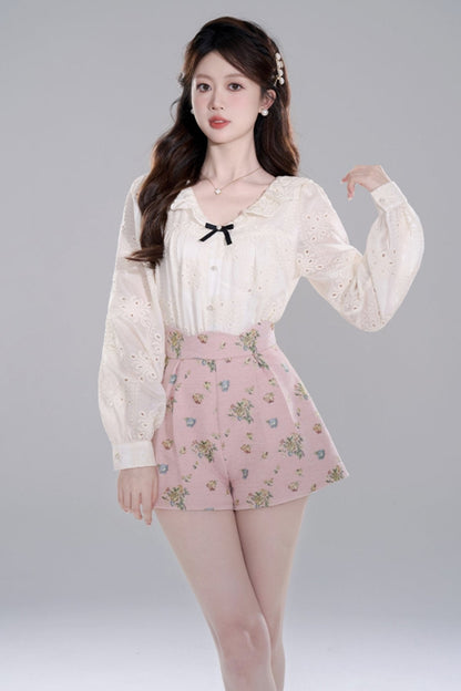 Apricot Ruffle Long Sleeve Shirt Set