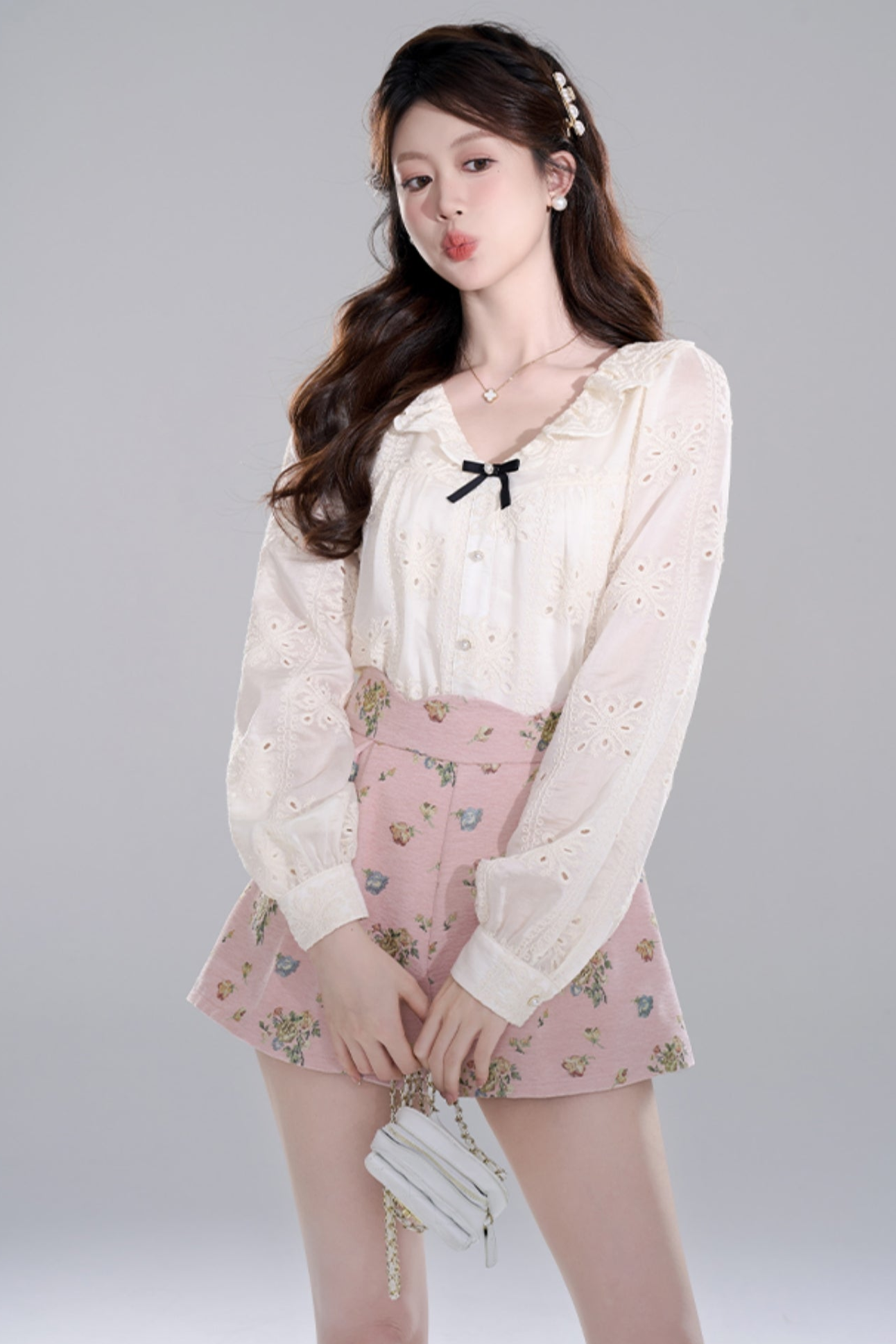 Apricot Ruffle Long Sleeve Shirt Set