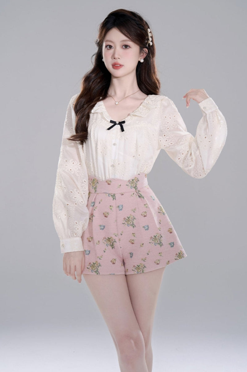 Apricot Ruffle Long Sleeve Shirt Set