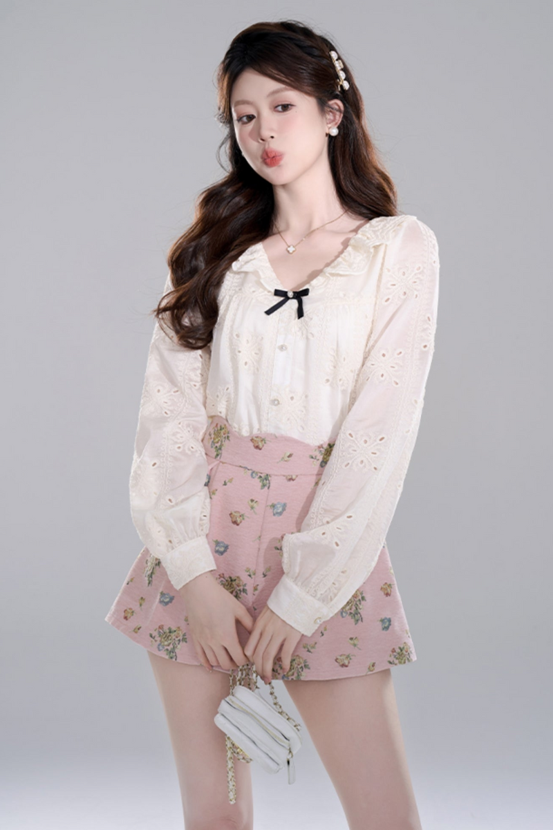 Apricot Ruffle Long Sleeve Shirt Set