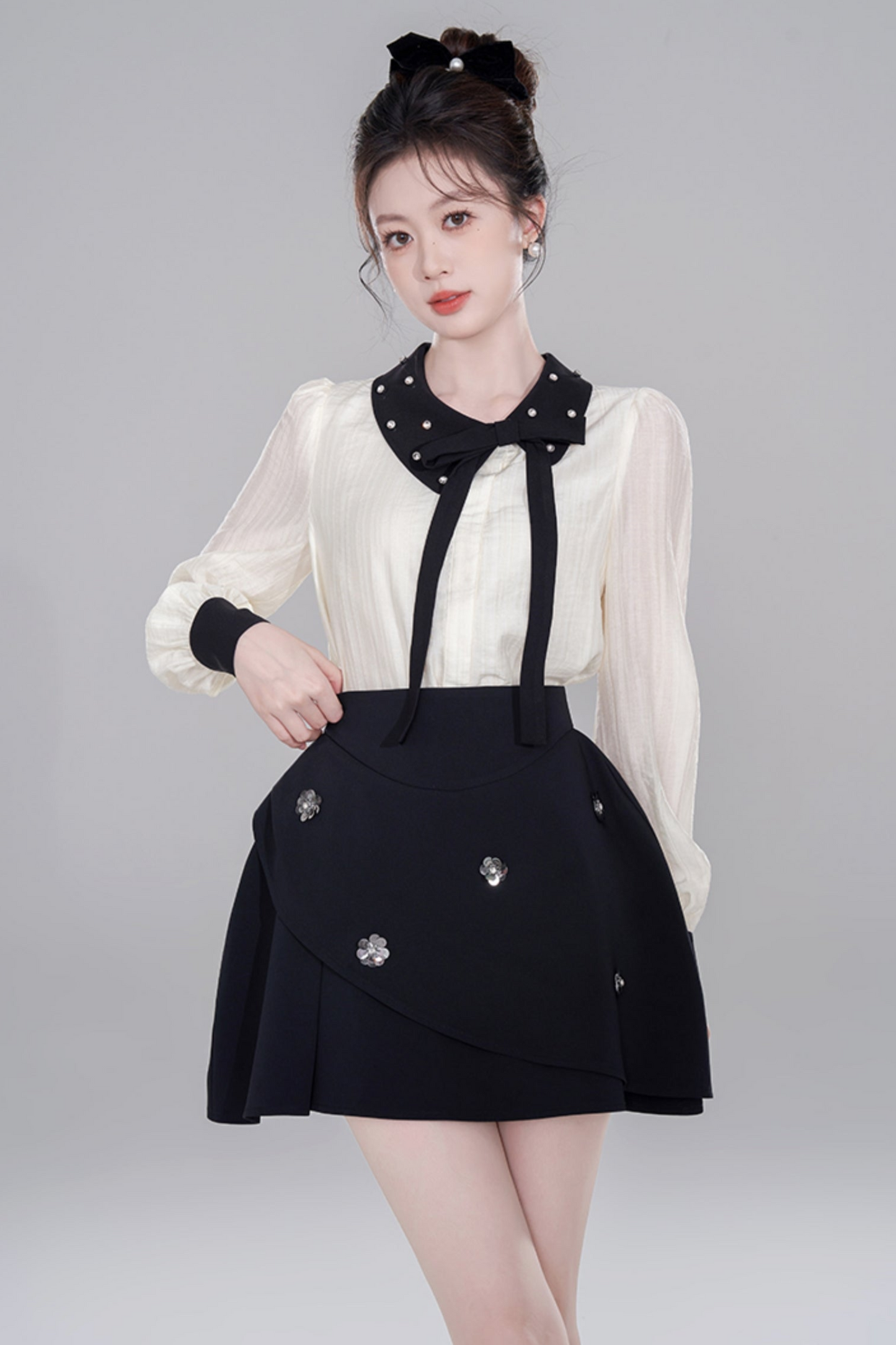 Korean Long Sleeve Cropped Shirt Set