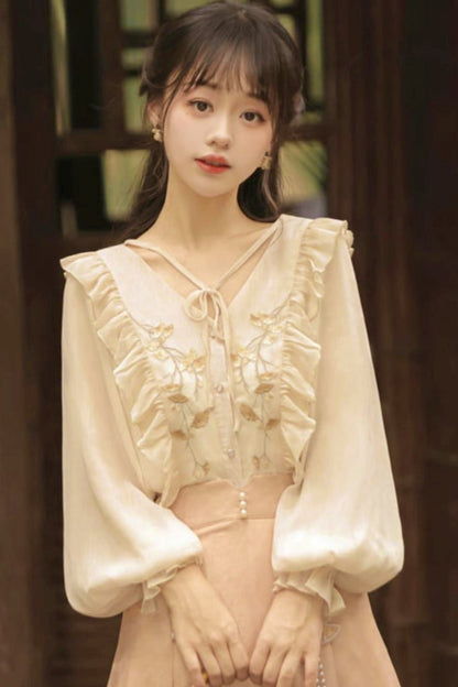 Hanfu Sleeve Pleats Skirt Set