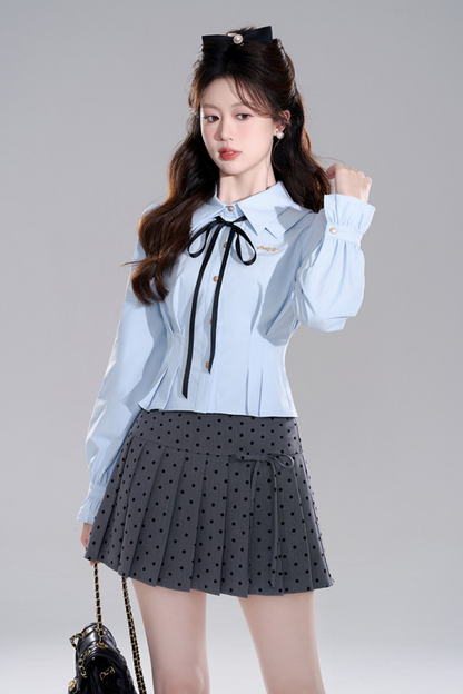 Blue Preppy Two-piece Shirt Skirt Set