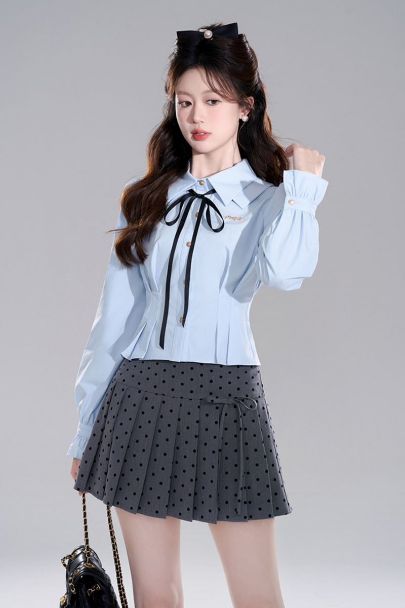 Blue Preppy Two-piece Shirt Skirt Set