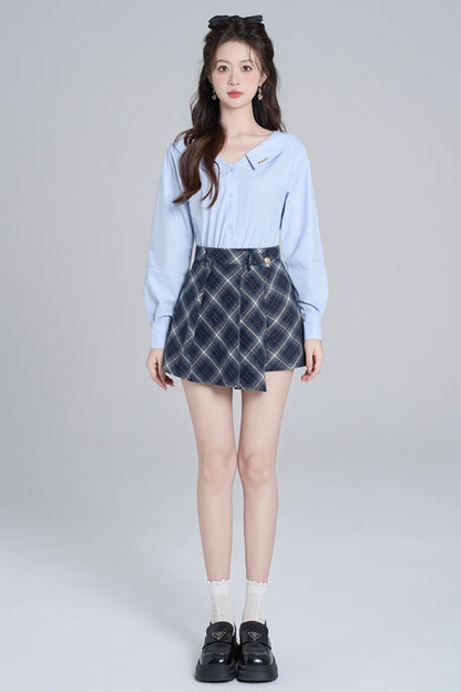 Blue Neck French Loose Shirt Set