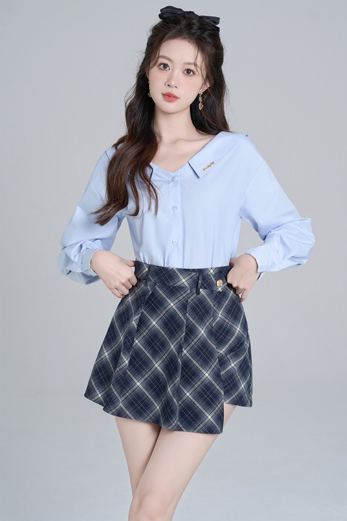 Blue Neck French Loose Shirt Set