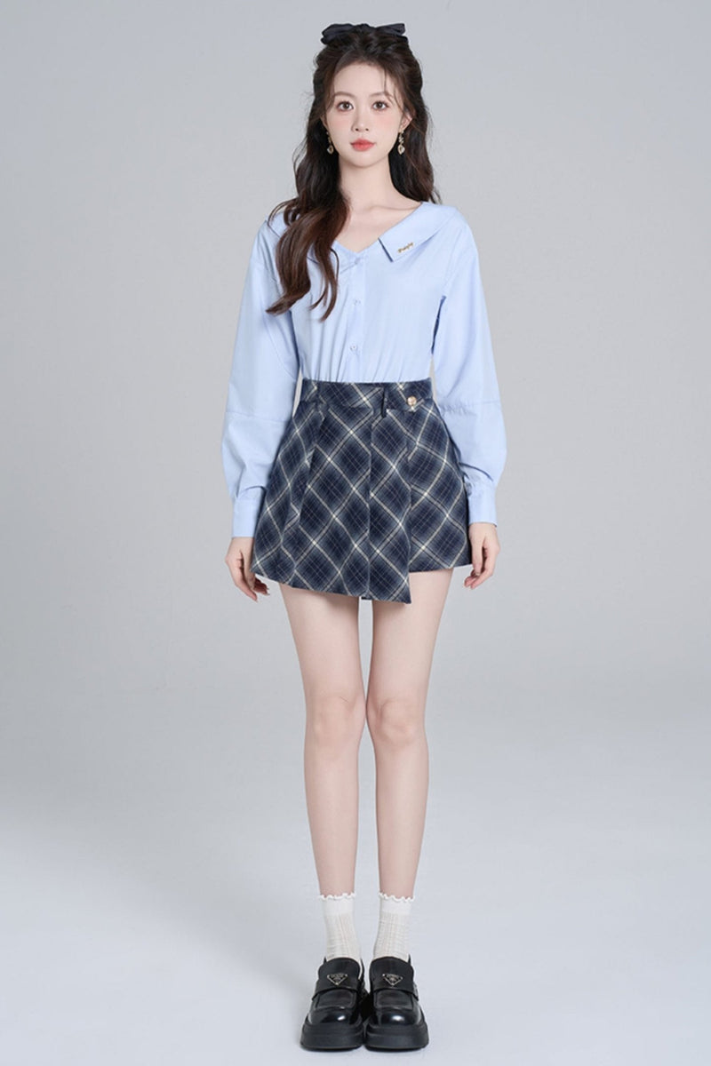 Blue Neck French Loose Shirt Set
