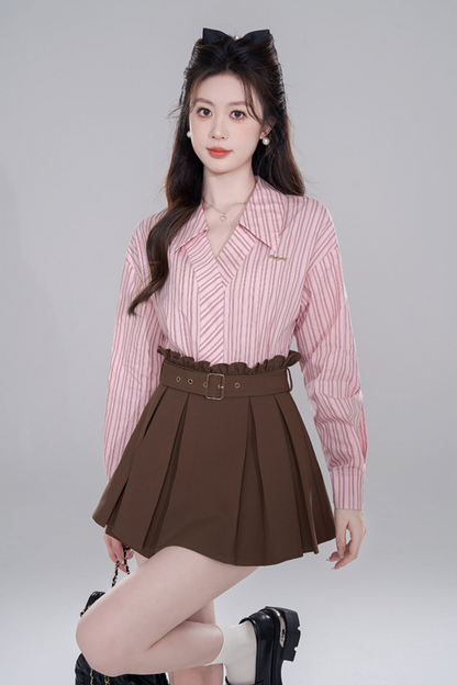 Pink Stripe Neck Long Sleeve Shirt Set