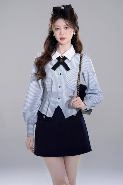 Blue Striped Preppy Long Sleeve Crop Set