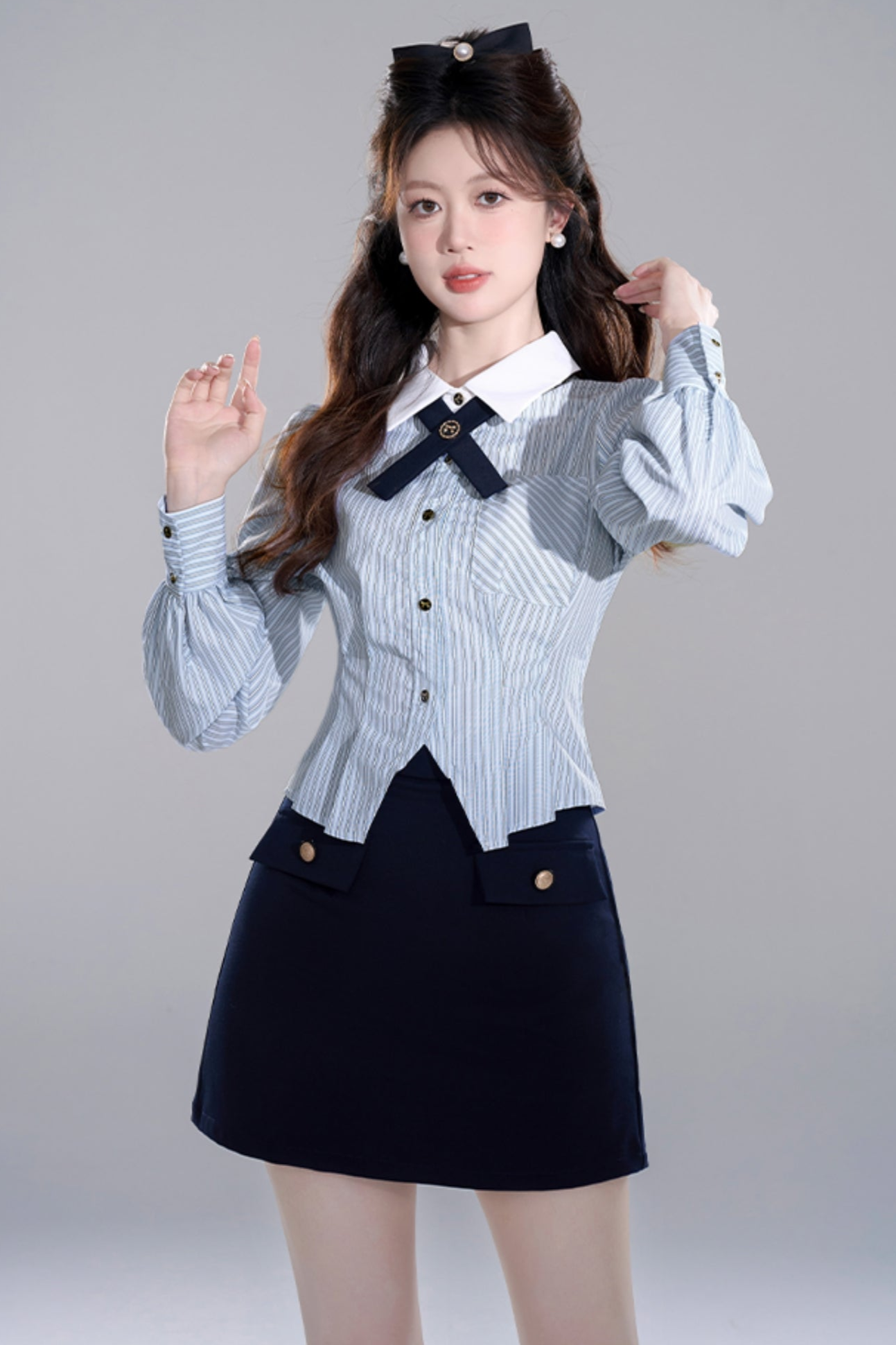 Blue Striped Preppy Long Sleeve Crop Set
