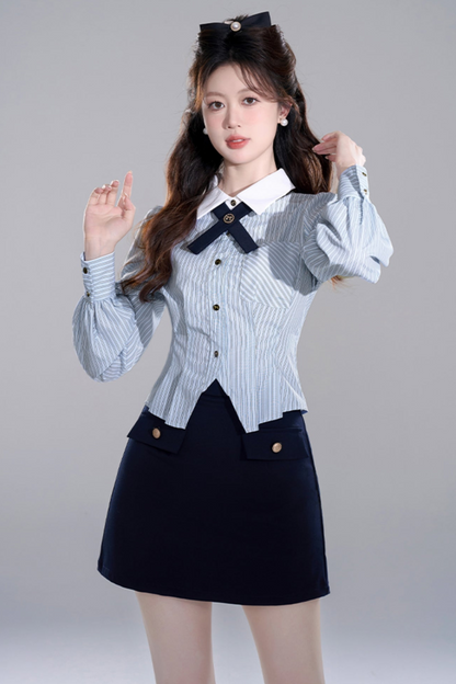 Blue Striped Preppy Long Sleeve Crop Set