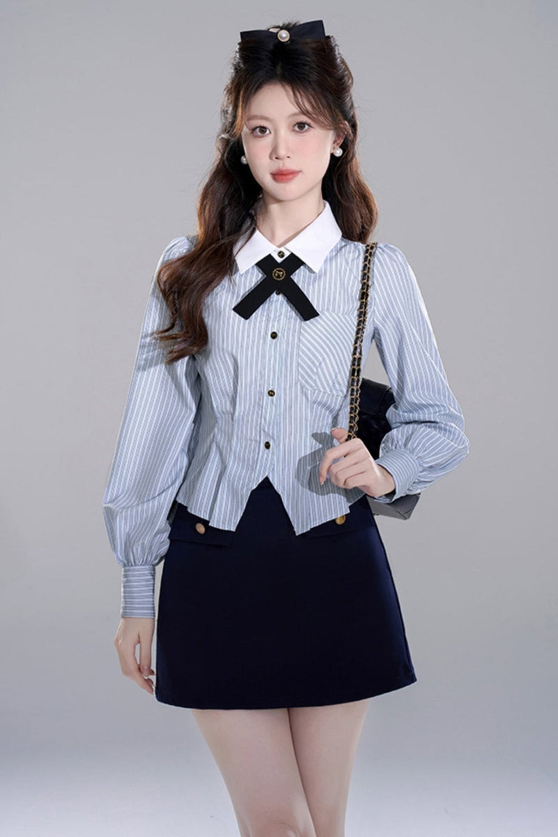Blue Striped Preppy Long Sleeve Crop Set