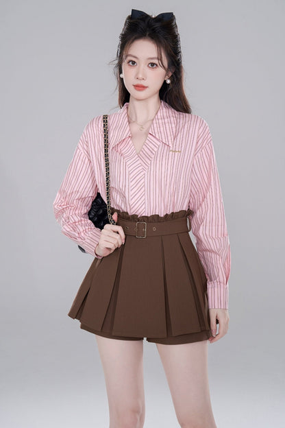 Pink Stripe Neck Long Sleeve Shirt Set