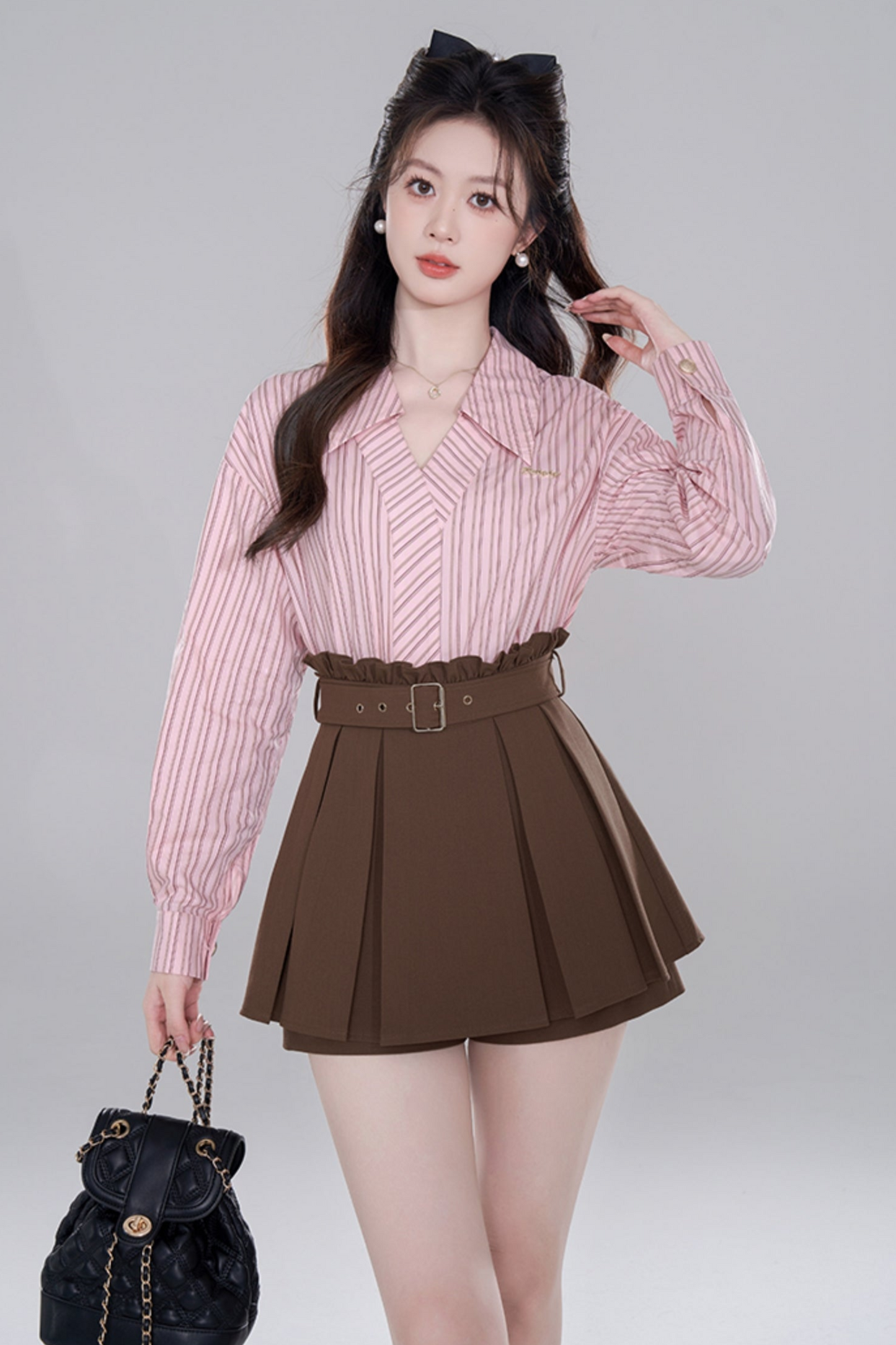 Pink Stripe Neck Long Sleeve Shirt Set