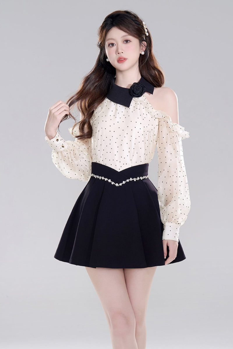 Polka Dot Off-shoulder Chiffon Top Set