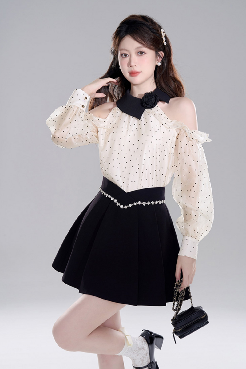 Polka Dot Off-shoulder Chiffon Top Set